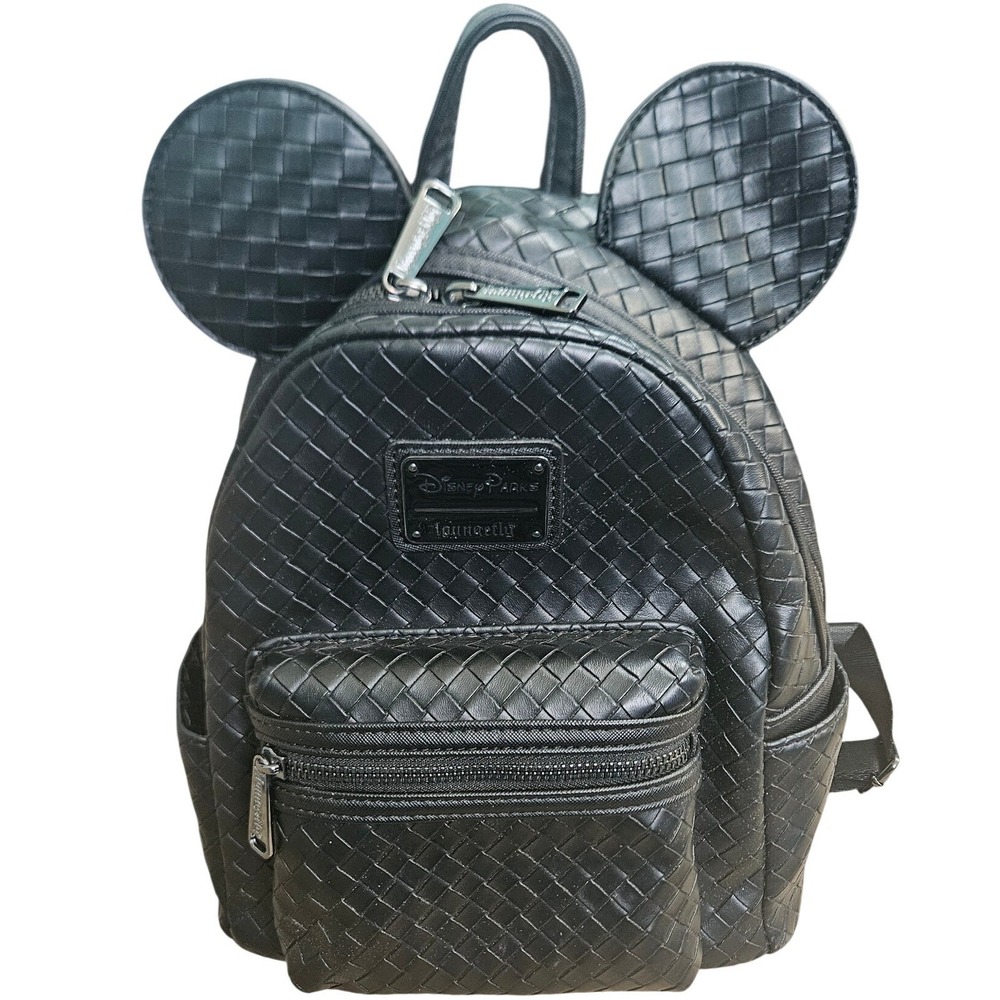 Disney Parks Loungefly Woven Black Faux Leather Mickey Mouse Ear Mini Backpack
